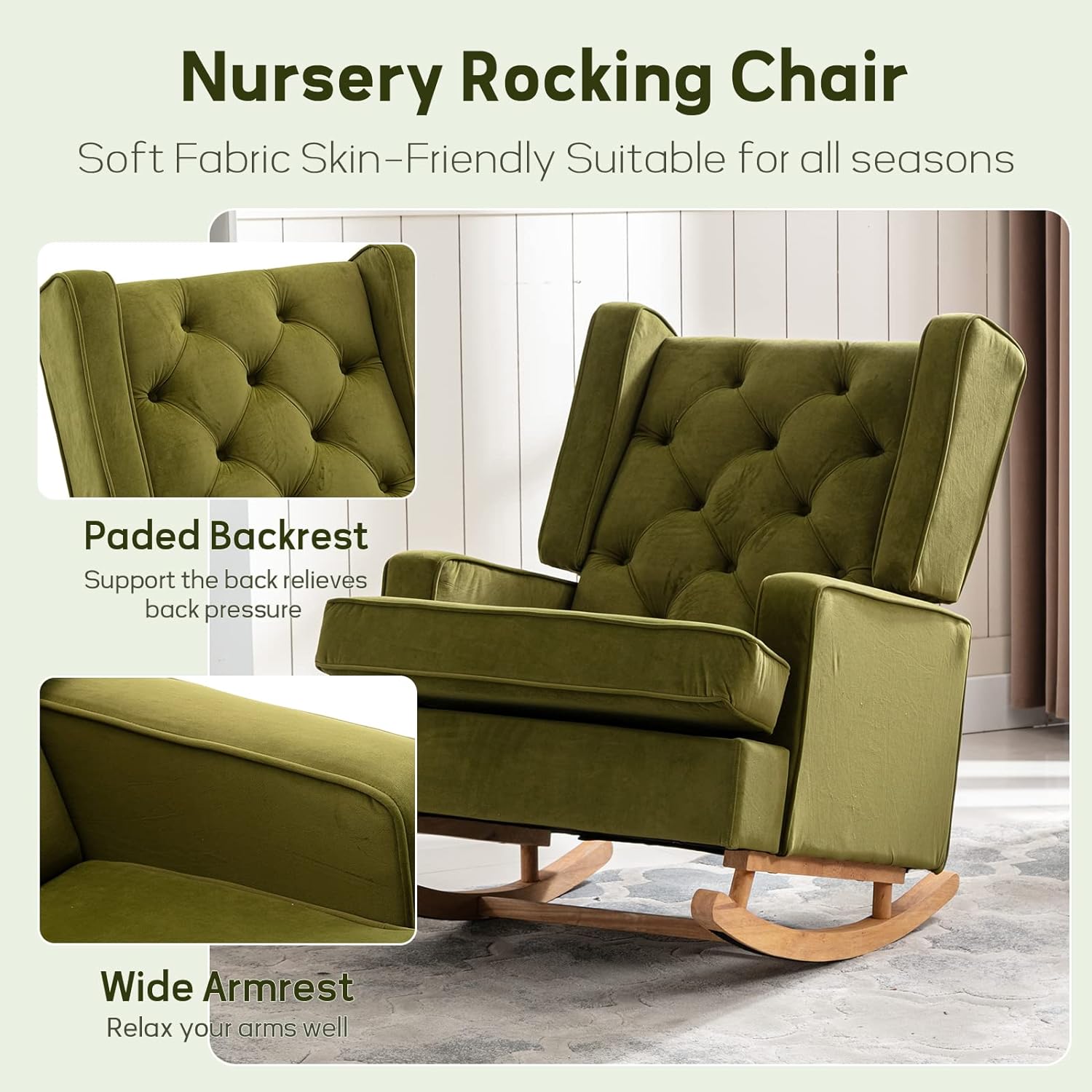 Nursery Rocking Chair Upholstered Rocking Accent Chair Glider Rocker Linen Padded Seat with High Backrest Armchair Comfy Side Chair for Living Room Bedroom Offices (Olive)