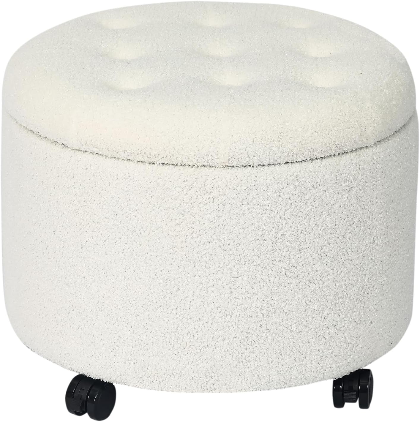 20" Teddy Fleece Round Storage Ottoman with Wheels, Upholstered Cushion Button Tufted Footstool with Storage