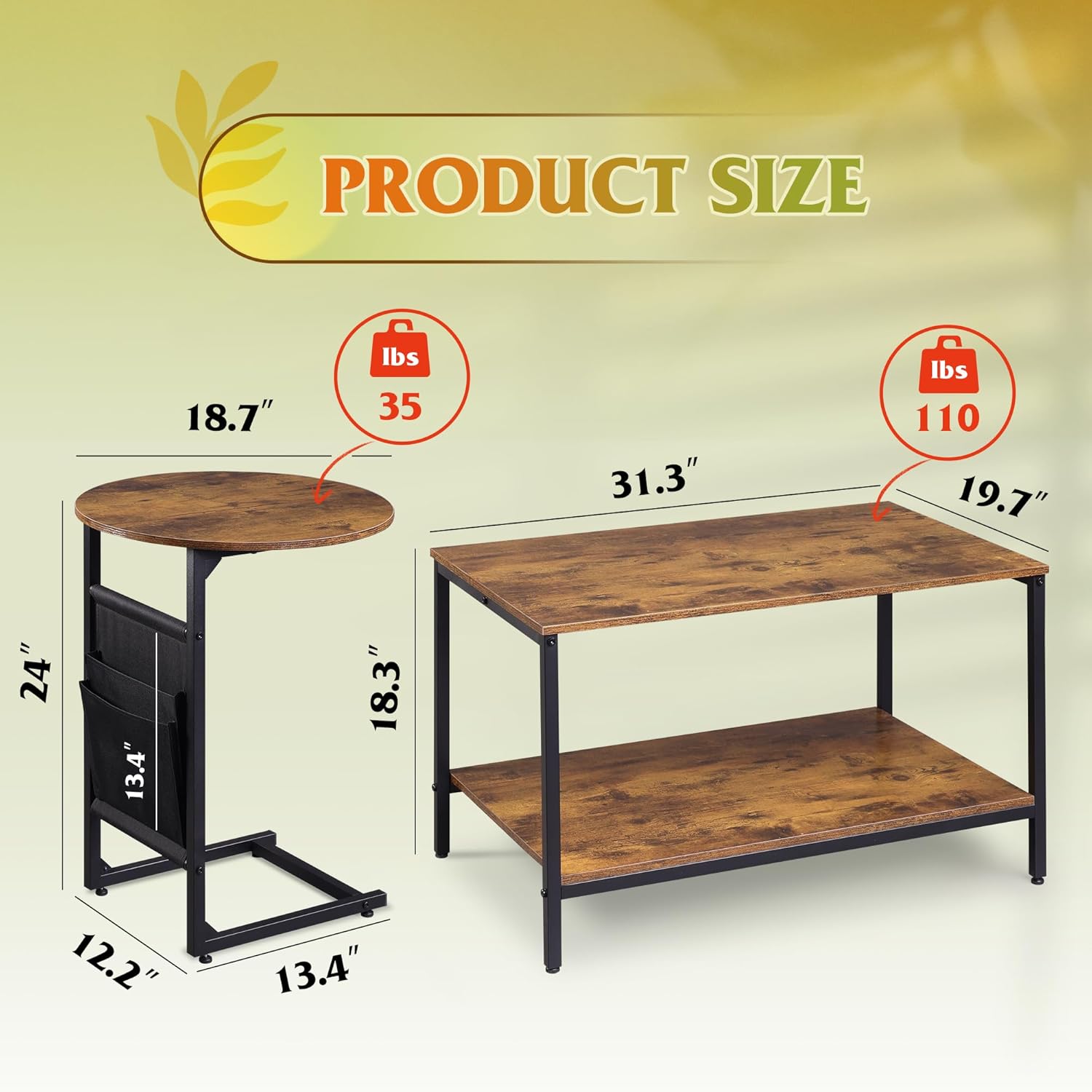Coffee Table, 31.3" and 18.7" Small Coffee Tables for Living Room