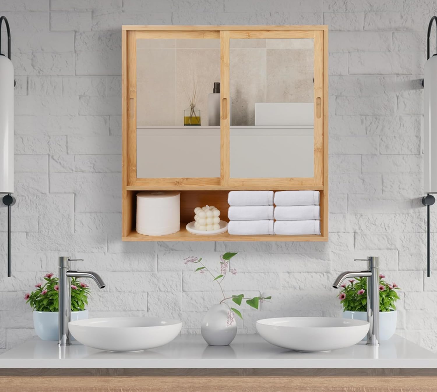 Bathroom Cabinet Wall Mounted,Vanity Mirror with Storage,Medicine Cabinet with Mirror (Bamboo)