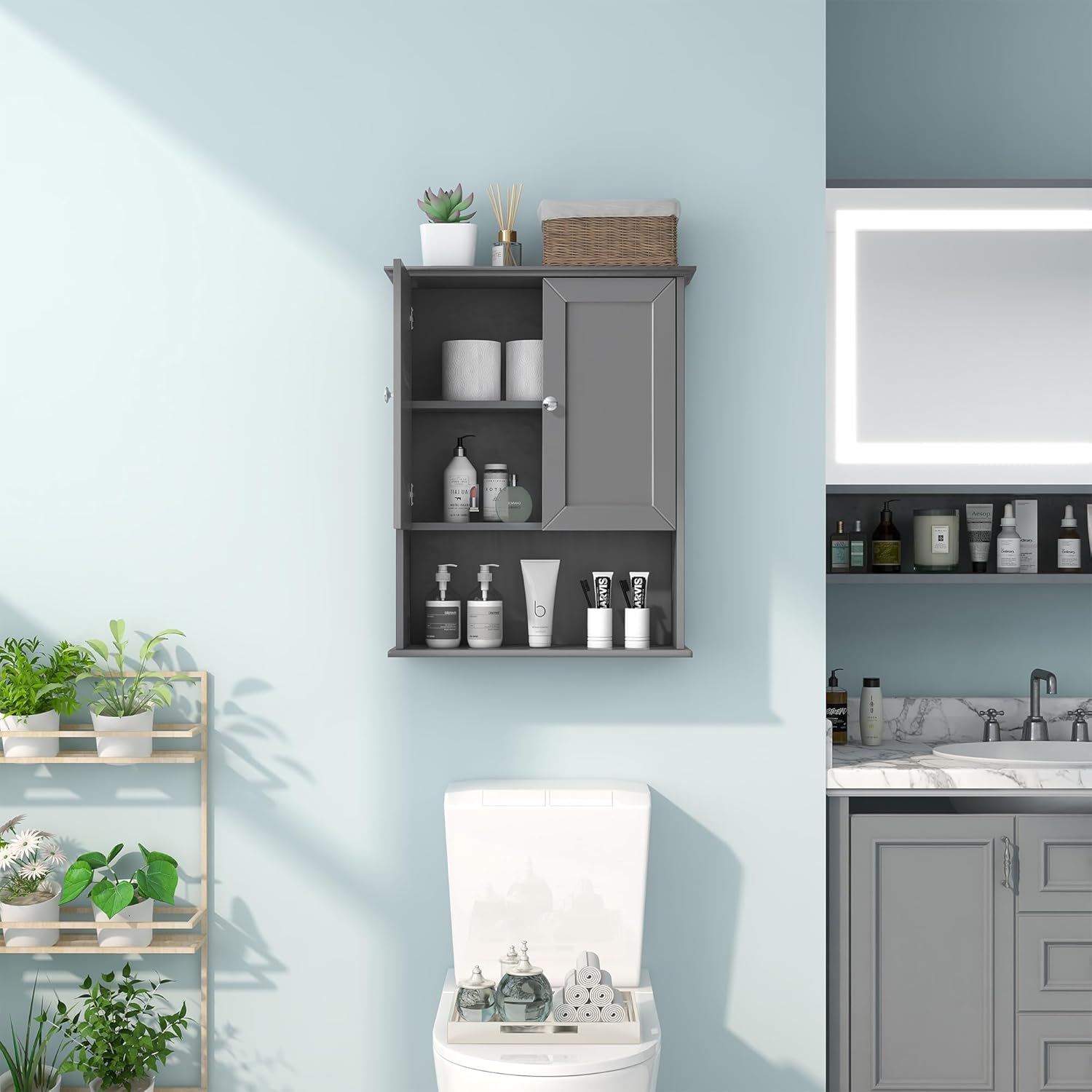 Grey Wall Mounted Bathroom Cabinet 24x30 Inch Wooden Over Toilet Storage Cabinet with 2 Doors