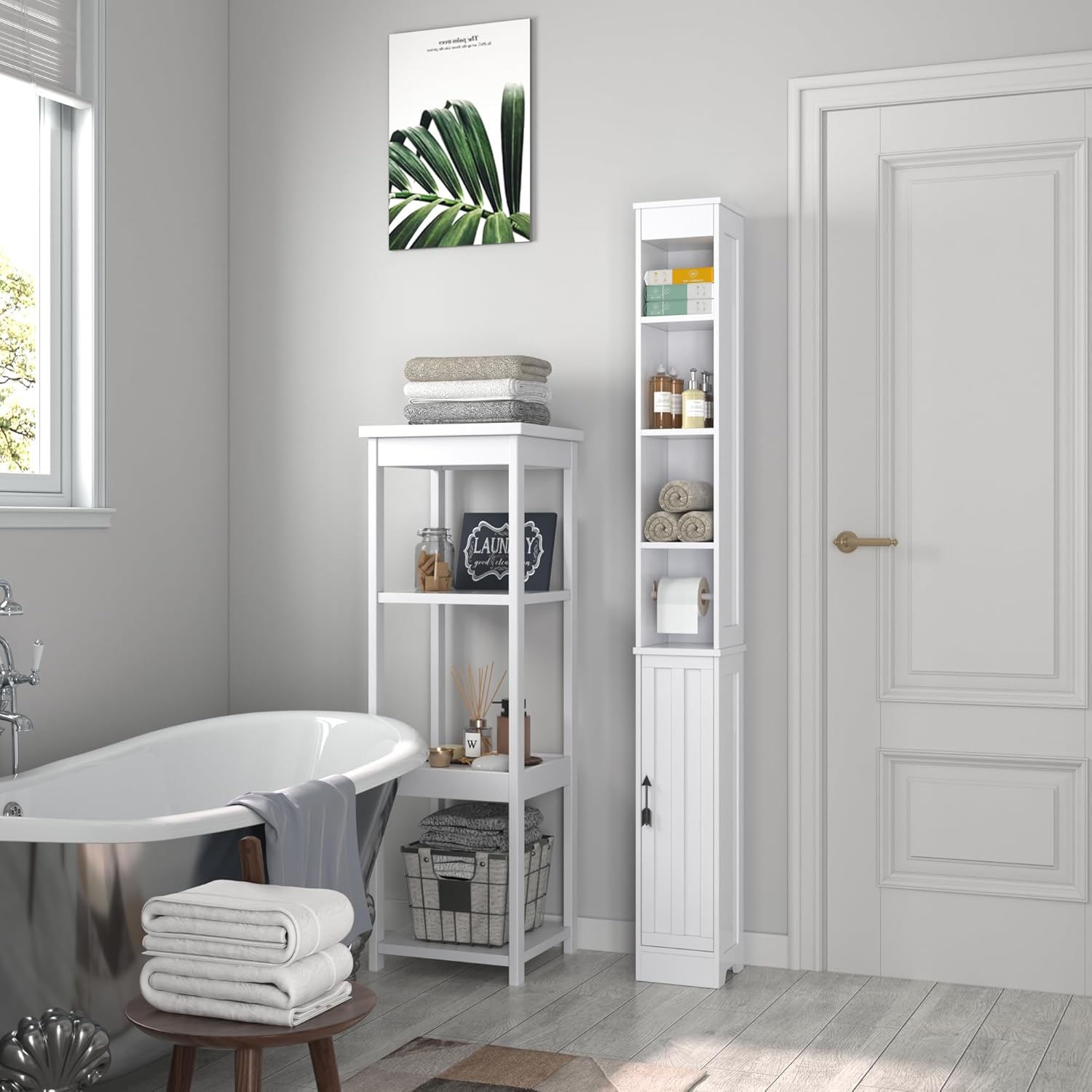 Bathroom Tall Cabinet with Adjustable Shelves, Slim Storage Cabinet with Toilet Paper Scroll