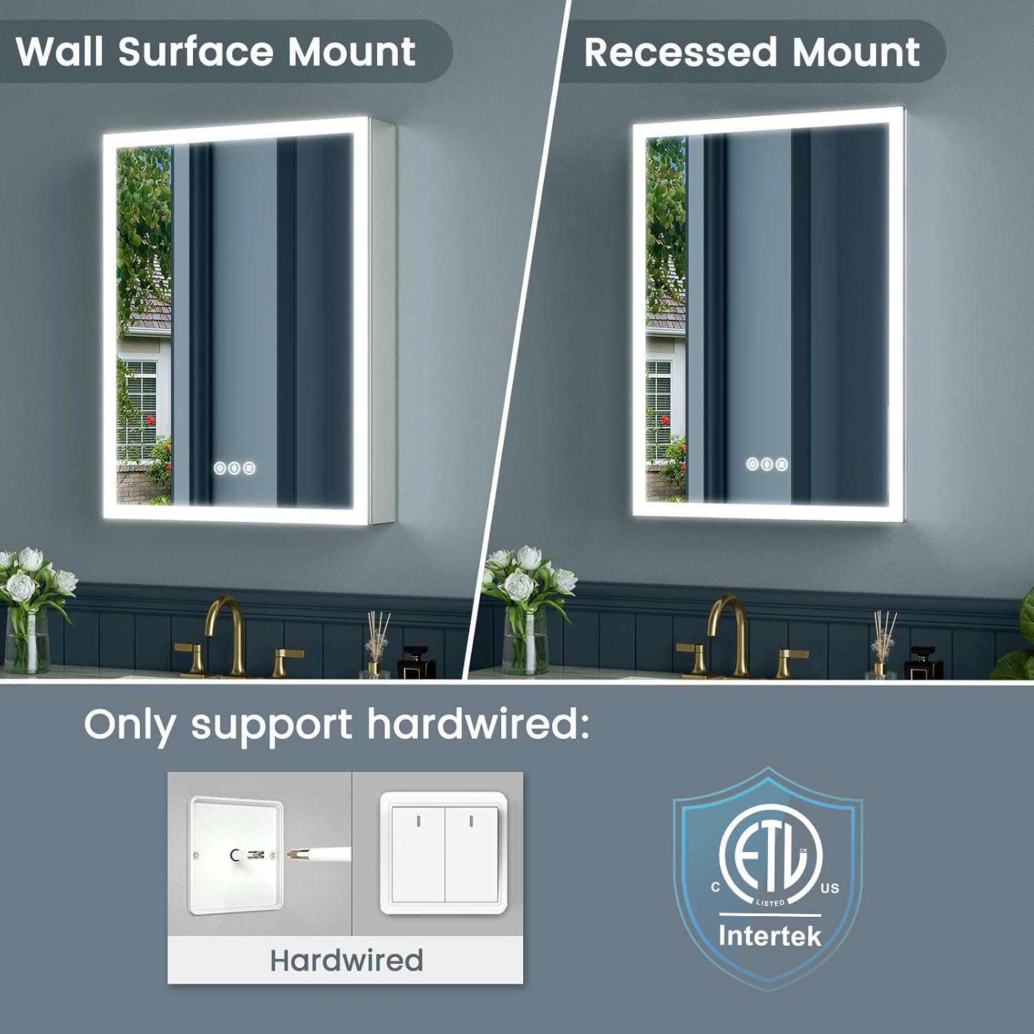 16x24 Inch Medicine Cabinet with Lights, Lighted Medicine Cabinet with Mirror, AL Alloy Frame