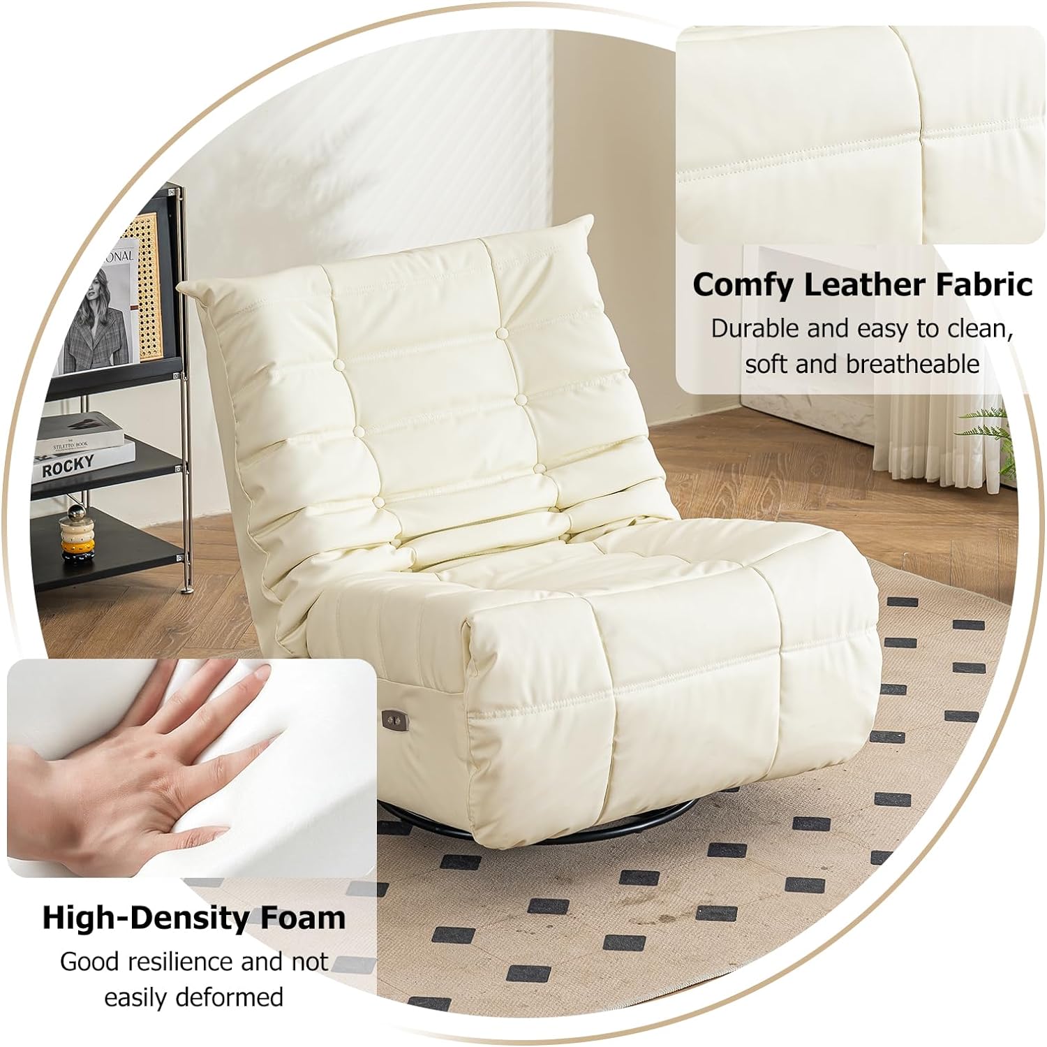 Swivel Glider Rocking Chair, Power Recliner Chair with Side Pocket, Home Theater Lounge Chair, Leisure Single Swivel Rocking Sofa Chair with USB Charger for Living Room (White)