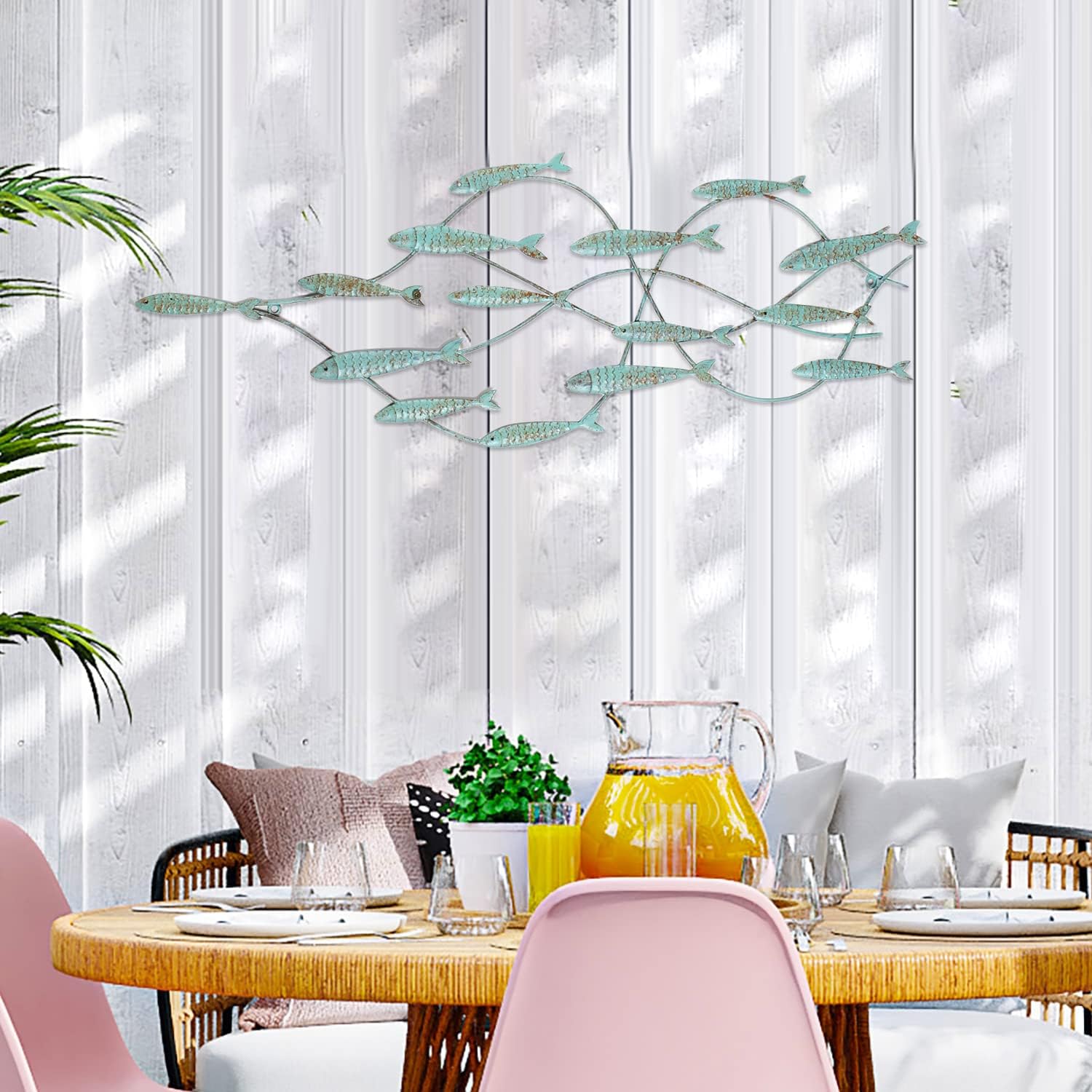 Decorative Distressed Blue Iron School of Fish Wall Hanging Accents Decor Widget