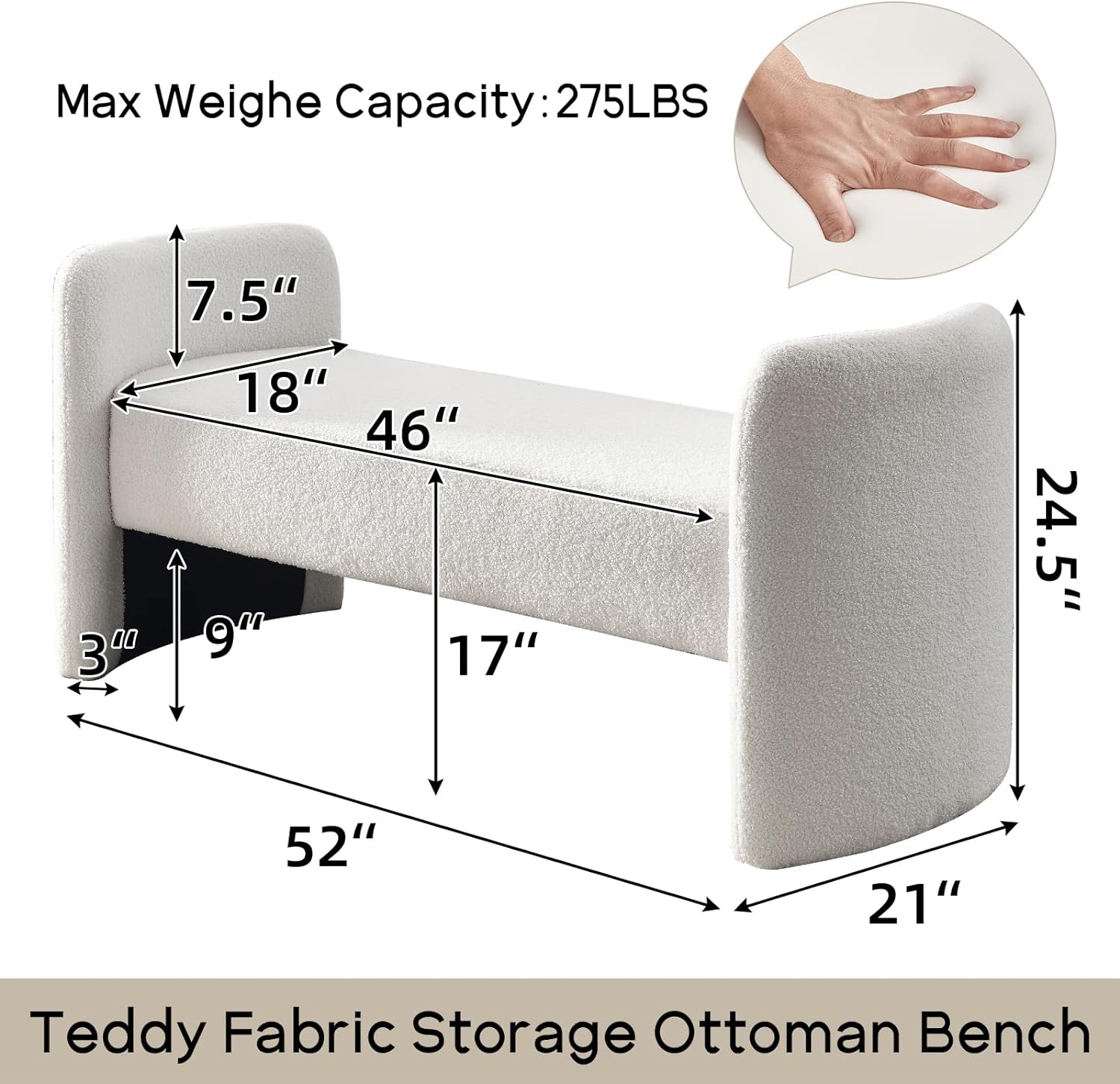 52''Modern Fuzzy Sherpa Upholstered Ottoman Bench, Faux Fur Entryway, Footrest for Bedroom, Living Room, End of Bed, Hallway (White Teddy)