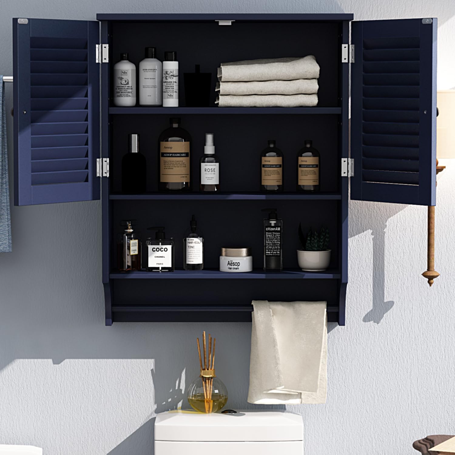 Bathroom Wall Cabinet with Towels Bar, 23.6" L x8.9 W x29.3 H MDF Material Medicine Cabinet