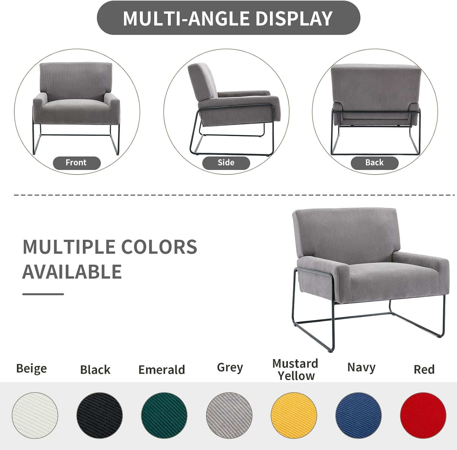 Velvet Accent Chair Upholstered, Modern Industrial Slant Armchair with Metal Frame, Premium High Density Soft Cushion Comfort Single Chair for Living Room, Office, Study (Grey)