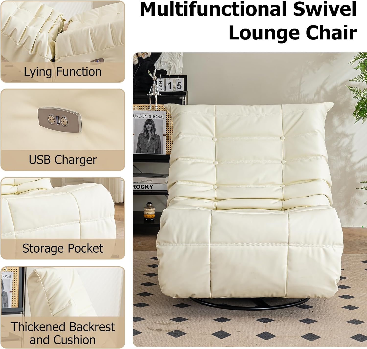 Swivel Glider Rocking Chair, Power Recliner Chair with Side Pocket, Home Theater Lounge Chair, Leisure Single Swivel Rocking Sofa Chair with USB Charger for Living Room (White)