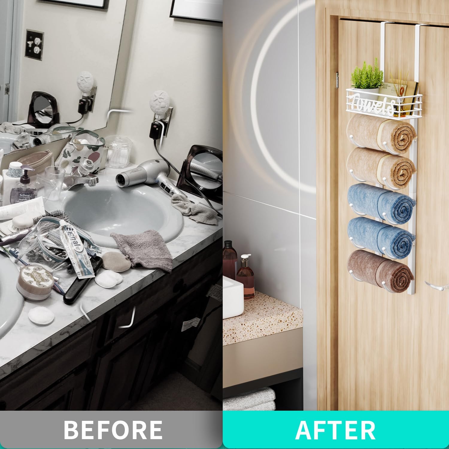 Over Door Towel Racks - 6 Tier Over The Door Towel Racks for Bathroom, Wall Mounted Towel Holder with Metal Shelf