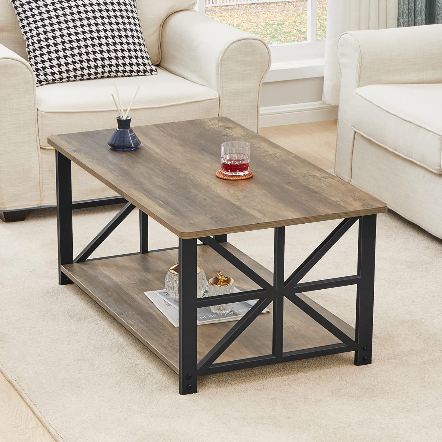 Coffee Table for Living Room with Round Corners Farmhouse Style Center Table with Storage Shelf