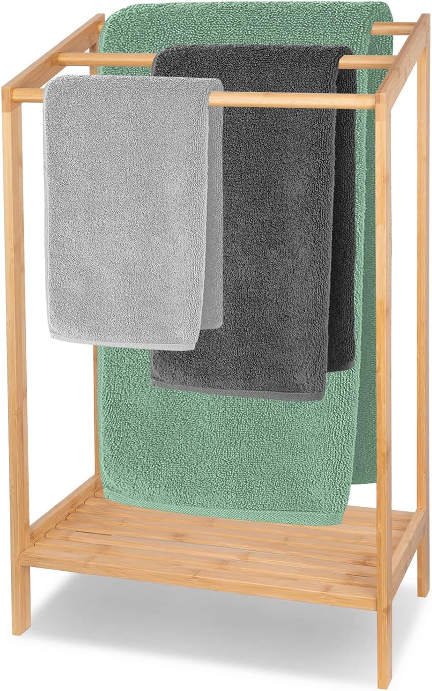 Bamboo Towel Rack for Bathroom, 3 Tier Freestanding Towel Holders with Bottom Storage Shelf for Hand Towel