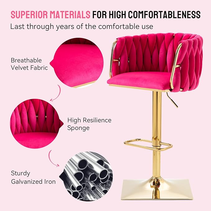 Bar Stools Set of 2 with 360° Swivel Hand Woven Backrest Design Upholstered Adjustable Counter Velvet Bar Stool with Golden Bracket Back and Footrest Bar Chair for Kitchen, Pub (Rose Red)