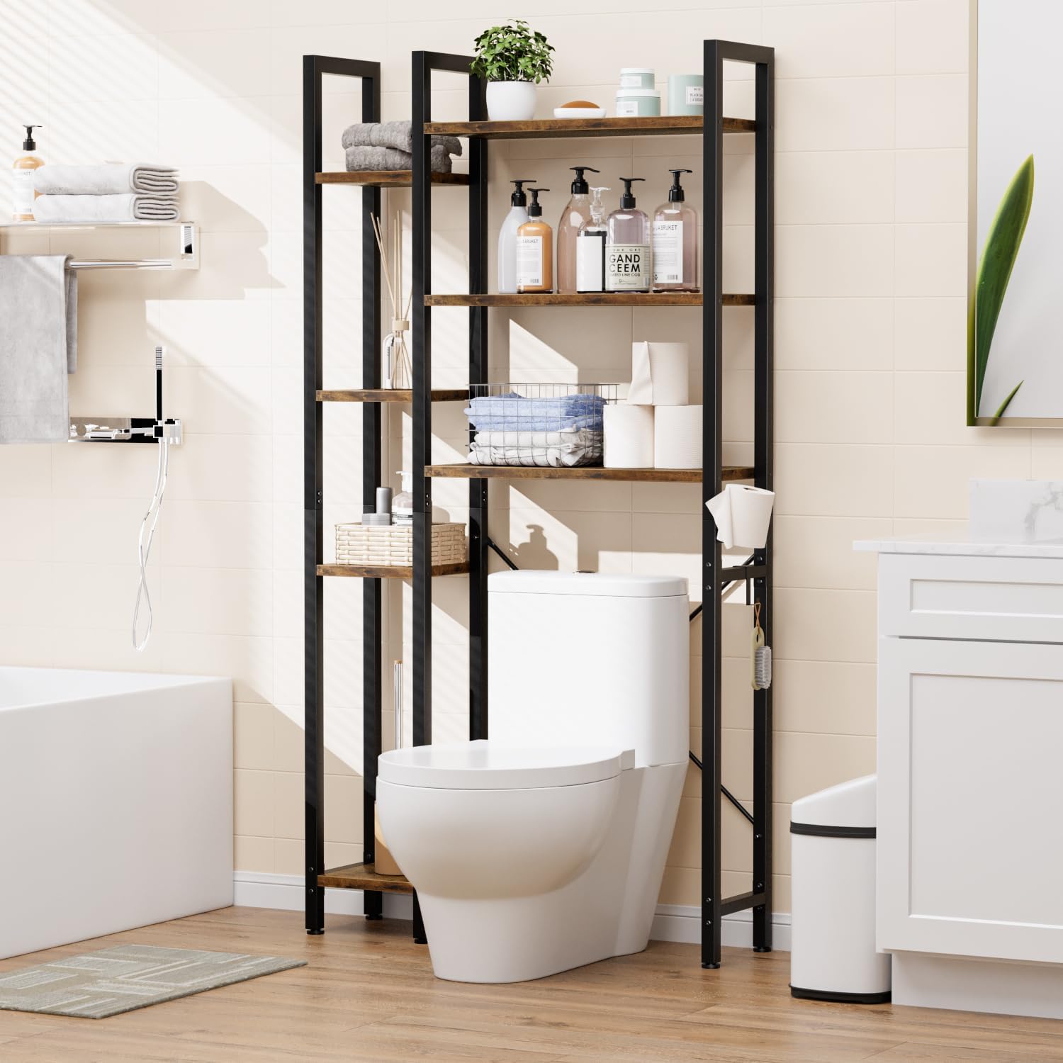 Over The Toilet Storage with 7-Tier Bathroom Organizer Shelf, Freestanding Space Saver with Hooks & Adjustable Feet