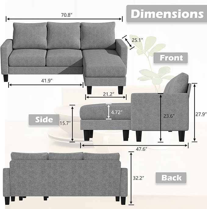 Convertible Sectional 3 L-Shaped Couch Soft Seat with Modern Linen Fabric, Small Space Sofas for Living Room, Apartment and Office, 70'', Gray