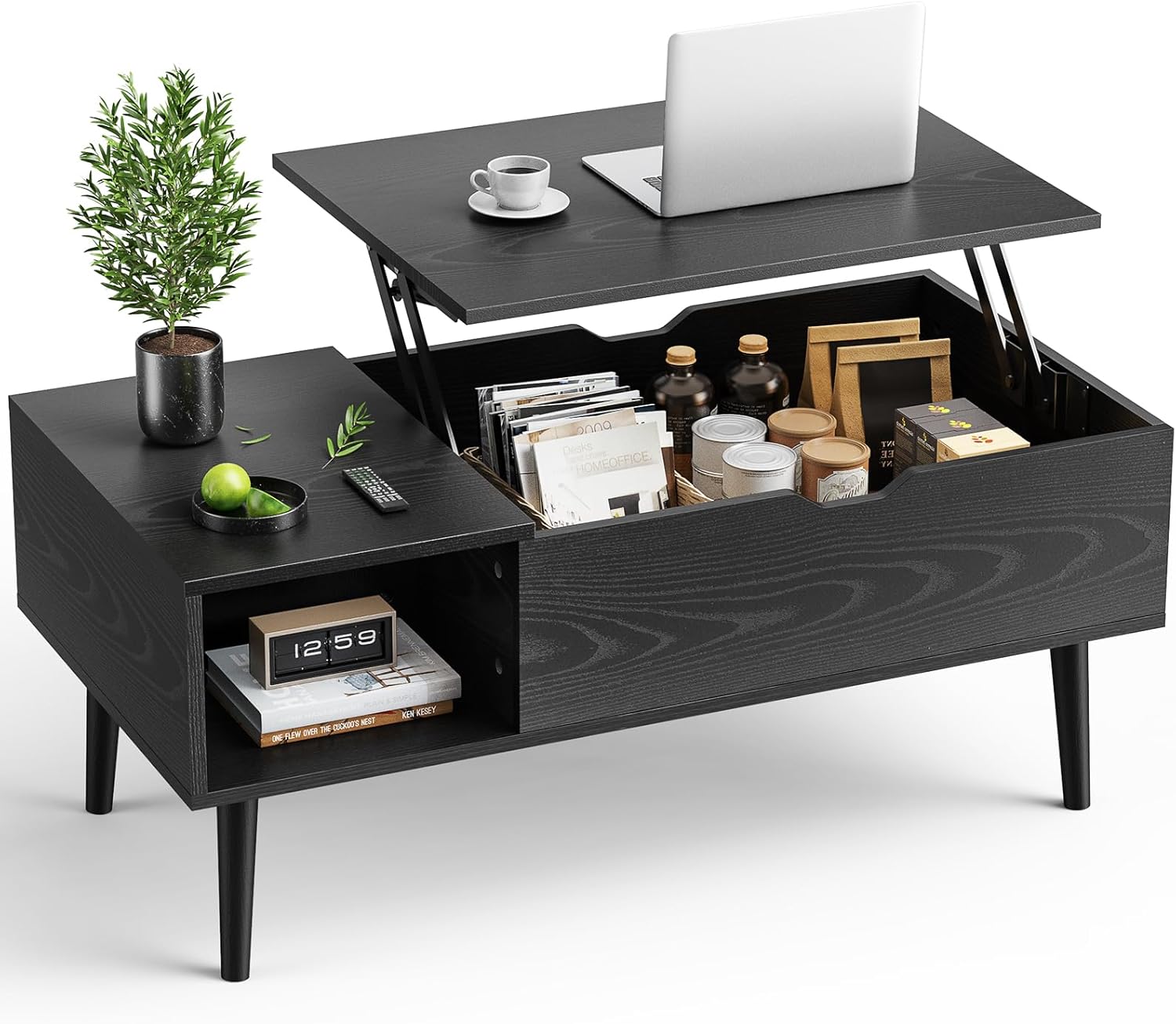 Wood Lift Top Coffee Table with Hidden Compartment and Large Storage Shelf