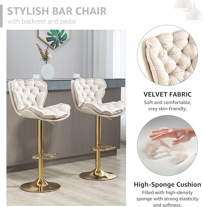 Velvet 360°Swivel Bar Stools Set of 2, Adjustable Bar Chair with Armless Design Tufted Backrest and Metal Gold Legs Dining Chairs Counter Stools for Dining Room, Island, Pub, Bar (Ivory)