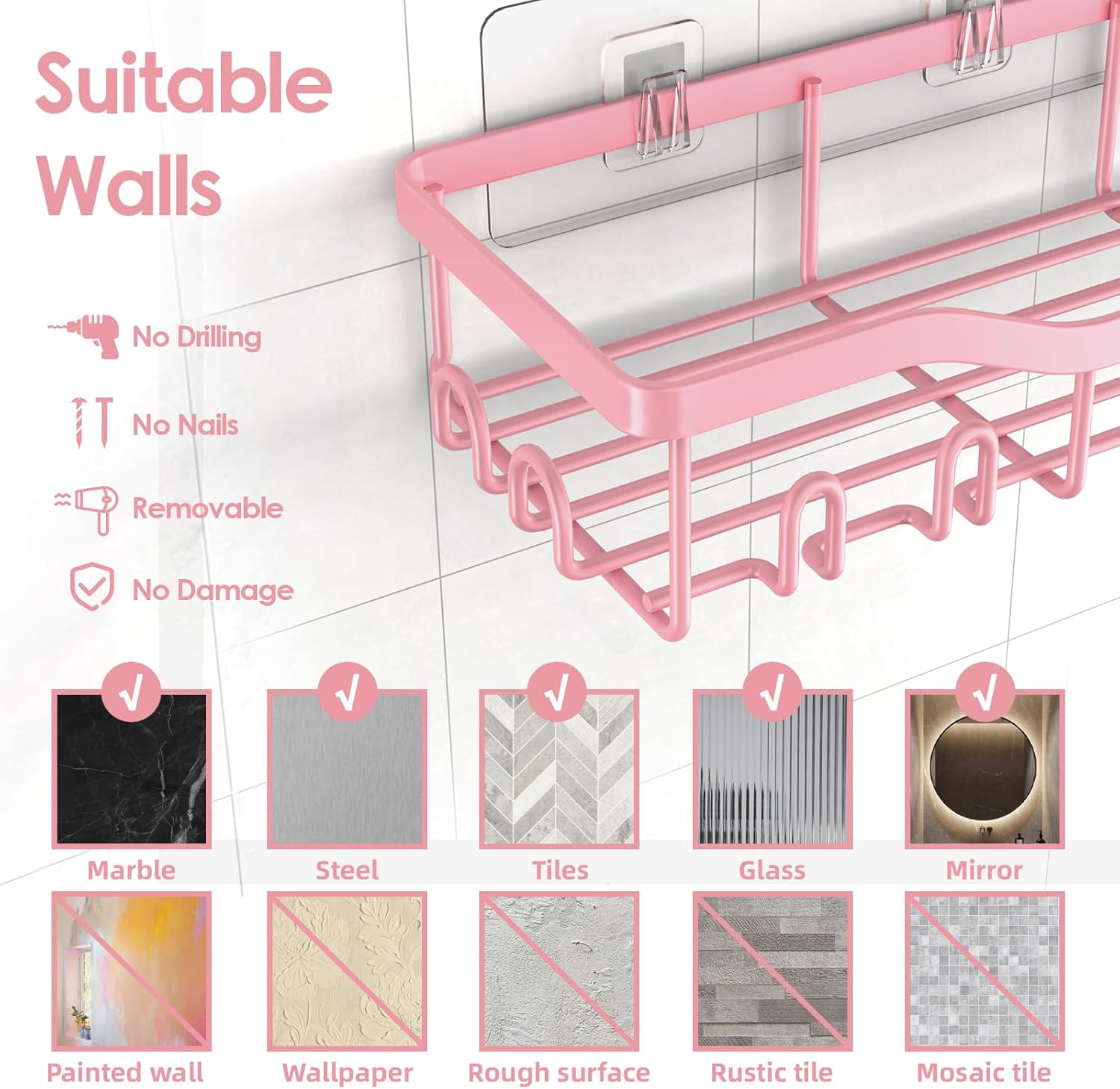 Shower Caddy Adhesive Shower Organizer Bathroom Shower Shelves, Shelf for Inside Shower Storage with Soap Dish&16 Hooks