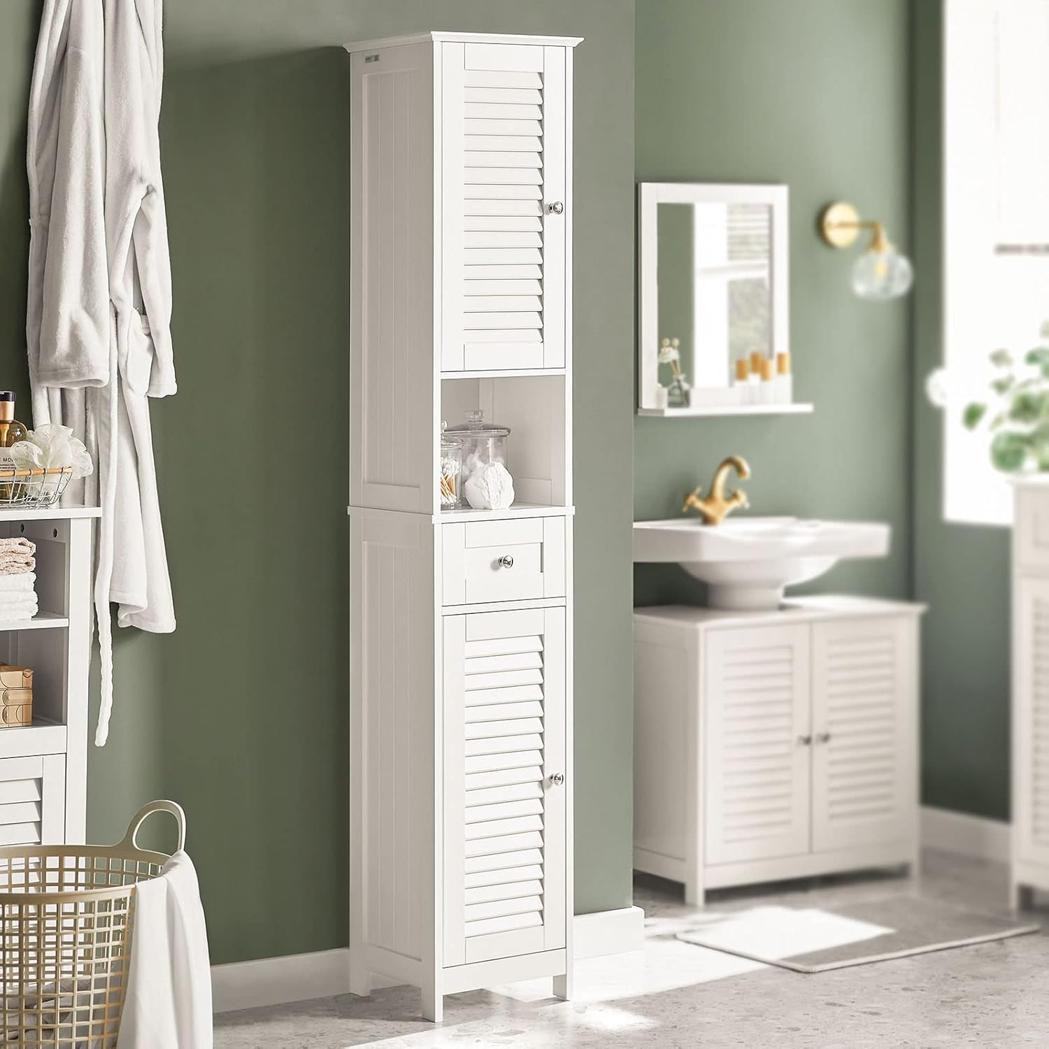 Tall Bathroom Storage Cabinet with Shelves and Drawers, Freestanding Linen Cabinet with Adjustable Shelves