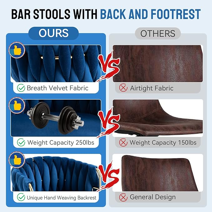 Bar Stools Set of 2 with 360° Swivel Hand Woven Backrest Design Upholstered Adjustable Counter Velvet Bar Stool with Golden Bracket Back and Footrest Bar Chair for Kitchen, Pub (Navy)