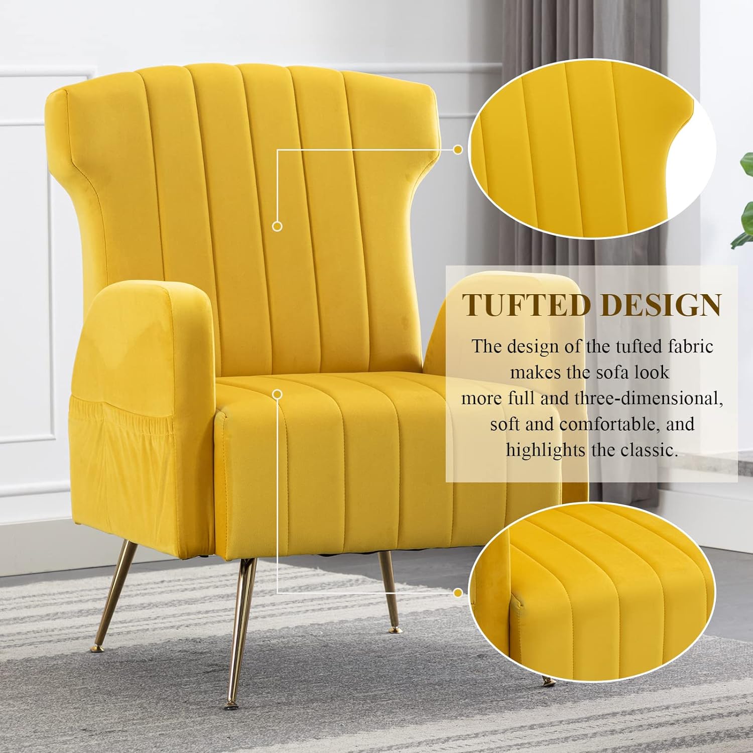 Velvet Wing Back Accent Chair with Metal Gold Legs, Upholstered Armchair, Side Chair, Leisure Single Sofa, Reading Chair for Living Room Bedroom Office (Yellow)