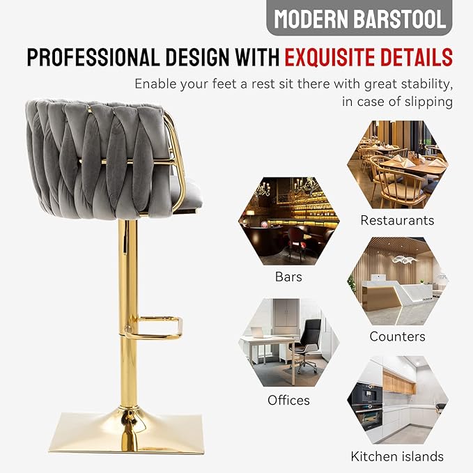 Bar Stools Set of 2 with 360° Swivel Hand Woven Backrest Design Upholstered Adjustable Counter Velvet Bar Stool with Golden Bracket Back and Footrest Bar Chair for Kitchen, Pub (Grey)