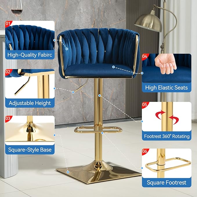 Bar Stools Set of 2 with 360° Swivel Hand Woven Backrest Design Upholstered Adjustable Counter Velvet Bar Stool with Golden Bracket Back and Footrest Bar Chair for Kitchen, Pub (Navy)