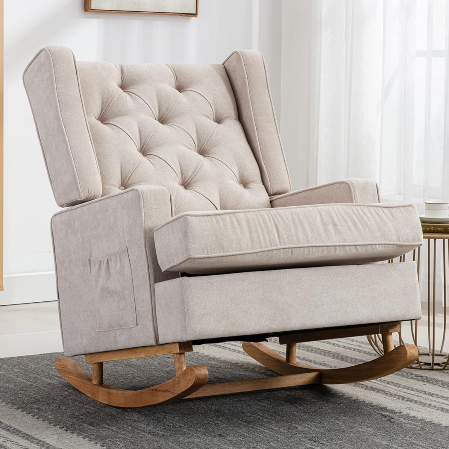Nursery Rocking Chair Upholstered Rocking Accent Chair Glider Rocker Linen Padded Seat with High Backrest Armchair Comfy Side Chair for Living Room Bedroom Offices (Beige)