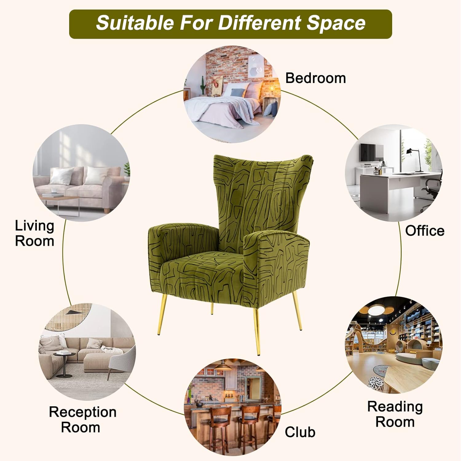 Velvet Accent Chair with Metal Gold Legs Upholstered Wingback Armchair Side Lounge Chair Leisure Single Sofa Arm Club Reading Chair for Living Room Bedroom Office (Olive)