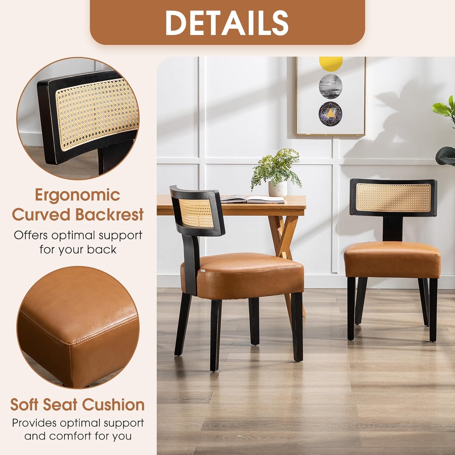 PU Leather Dining Chairs Set of 2, Modern Accent Chairs with Rattan Backrest, Armless Mesh Back Chairs, Leisure Lounge Chairs for Living Room, Dining Room (Brown PU)