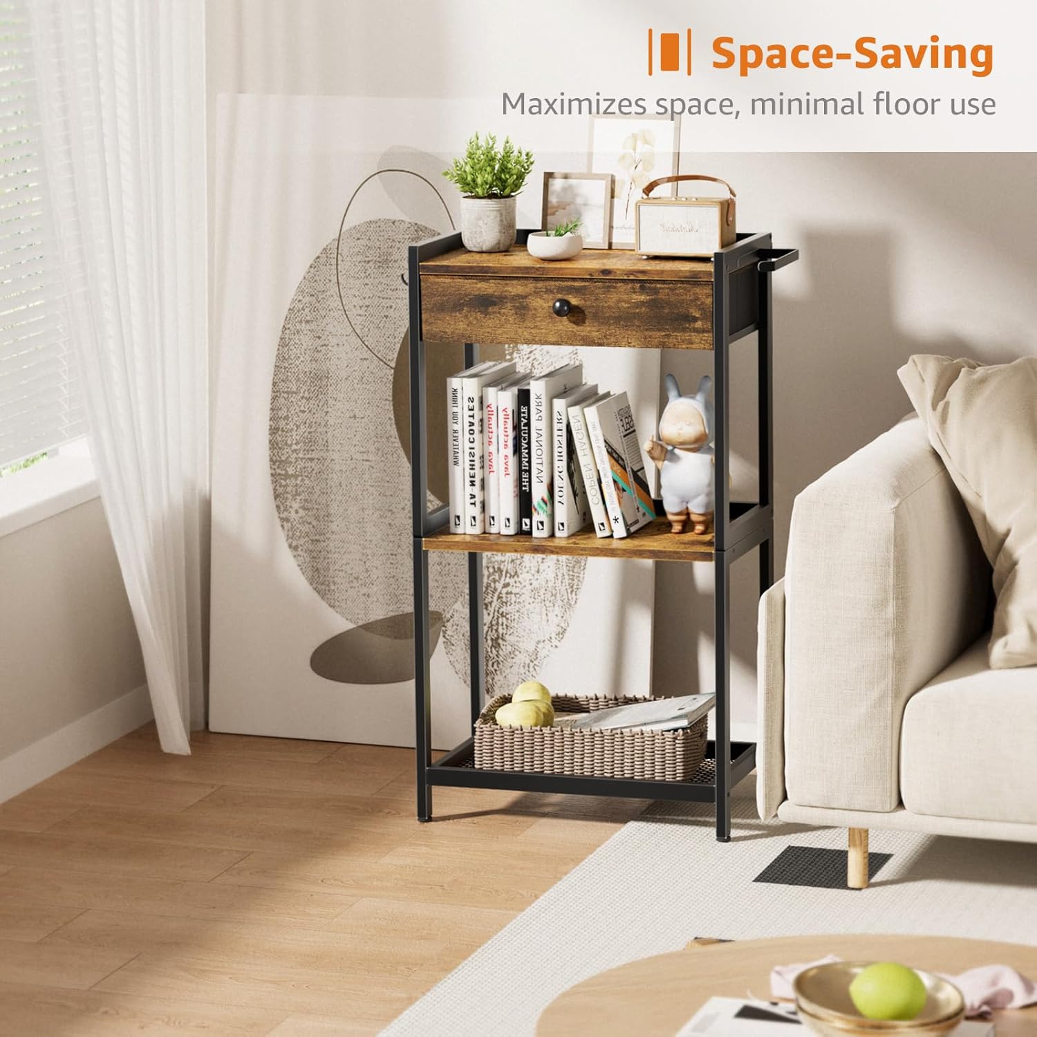 Farmhouse Bathroom Standing Shelf - Floor Freestanding Ladder Storage Shelves Organizer with Drawer Toilet Paper Holder