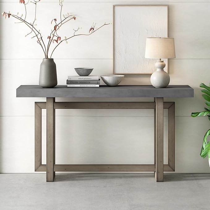 59.1" Console Table, Hallway Table with Industrial-Inspired Concrete Wood Top