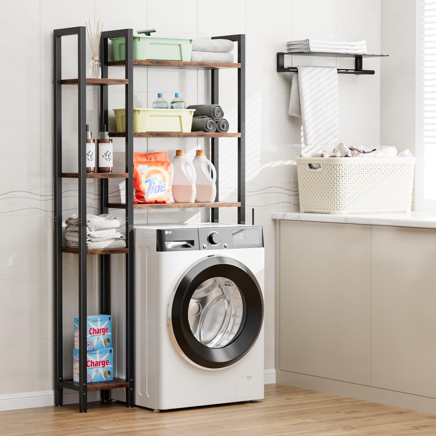 Over The Toilet Storage with 7-Tier Bathroom Organizer Shelf, Freestanding Space Saver with Hooks & Adjustable Feet