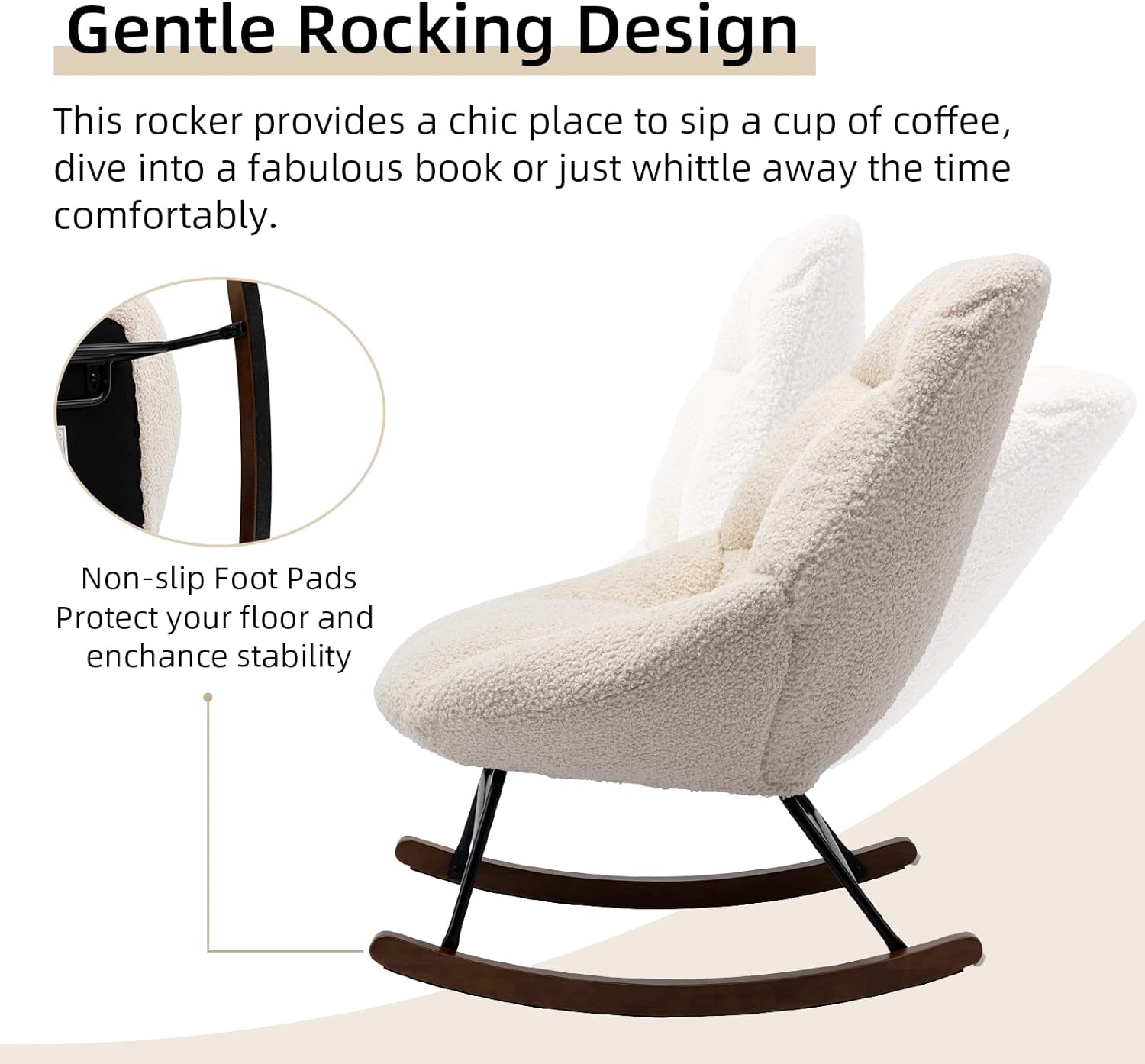 Nursery Rocking Chairs, Accent Rocking Chair with Solid Metal Legs, Upholstered Velvet Glider Rockers with High Backrests for Mom, Gifts, Living Room, Bedroom (Beige Boucle)