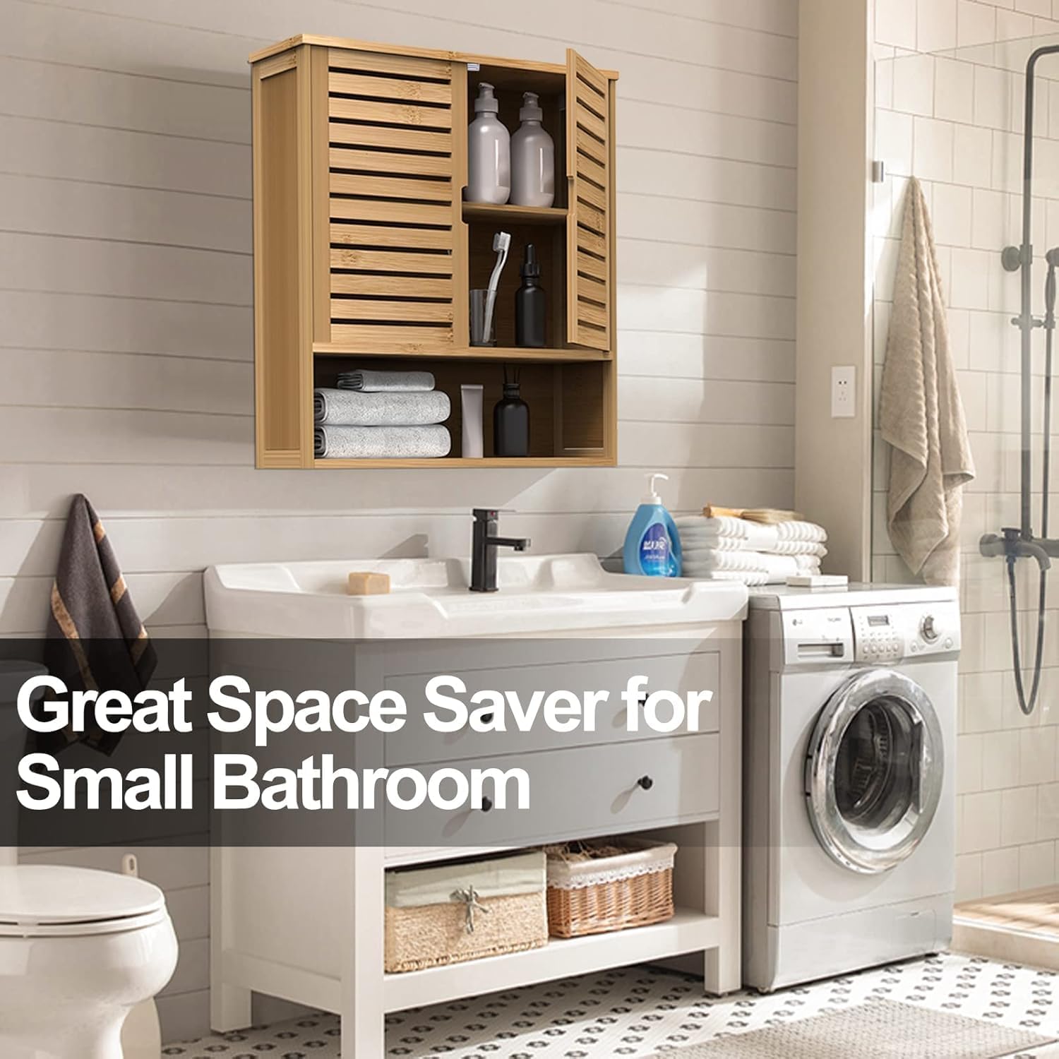 Bathroom Wall Cabinet, Bamboo Medicine Cabinet Wall Mounted, Over The Toilet Hanging Cabinet with 2 Doors & 3 Tier Shelves