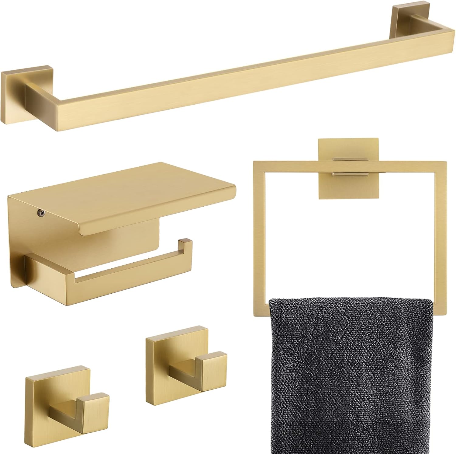 5-Piece Bathroom Hardware Set 23.6 Inch Gold Towel Bar Set Towel Bar Towel Ring Coat Hook and Toilet Paper Holder with Shelf
