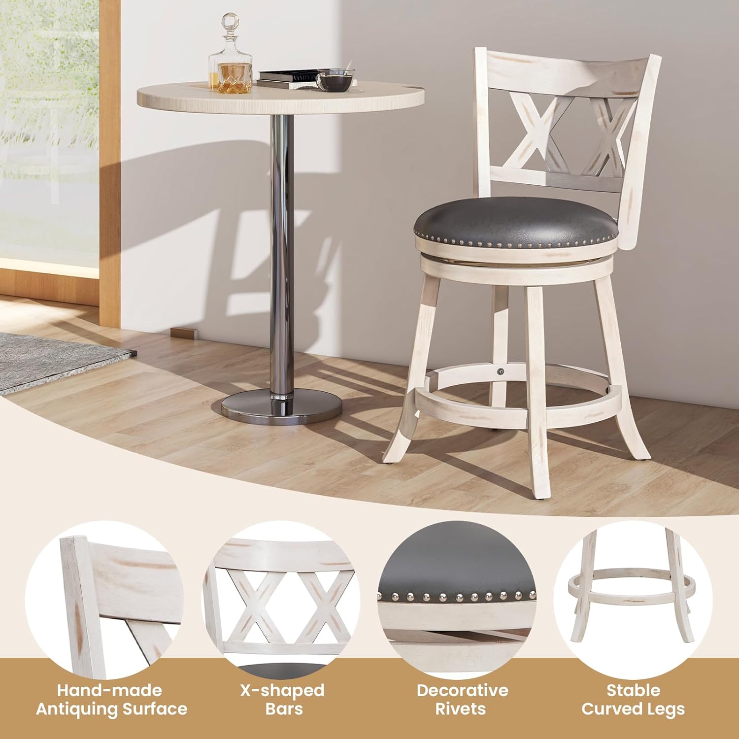 25.5" Bar Stools Set of 2, Swivel Counter Height Stools w/Back, 20" Wide Padded Seat, Rubber Wood Frame, Armless Farmhouse Barstools for Kitchen Island, Café, Pub, Dining Room, Antique White