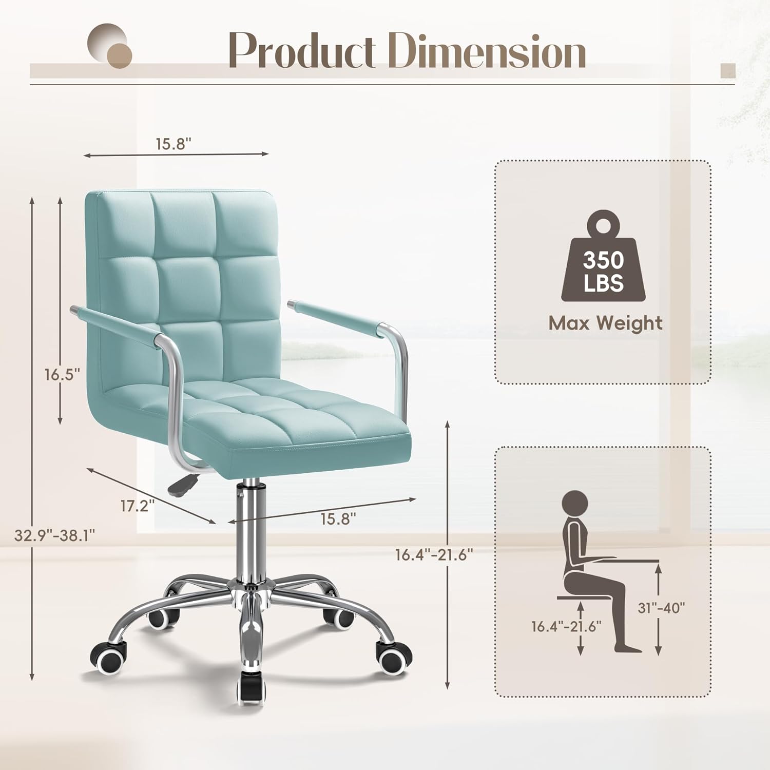 Mid-Back Office Task Chair Ribbed PU Leather Executive Chair Modern Adjustable Home Desk Retro Comfortable Work Chair 360 Degree Swivel with Arms