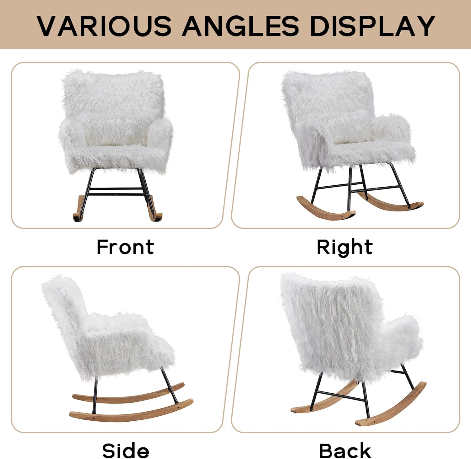 Nursery Rocking Chair, Faux Fur Upholstered Glider Rocker with Lumbar Pillow, High Backrest Rocking Accent Chair, Comfy Armchair for Living Room, Bedroom, Office (White)