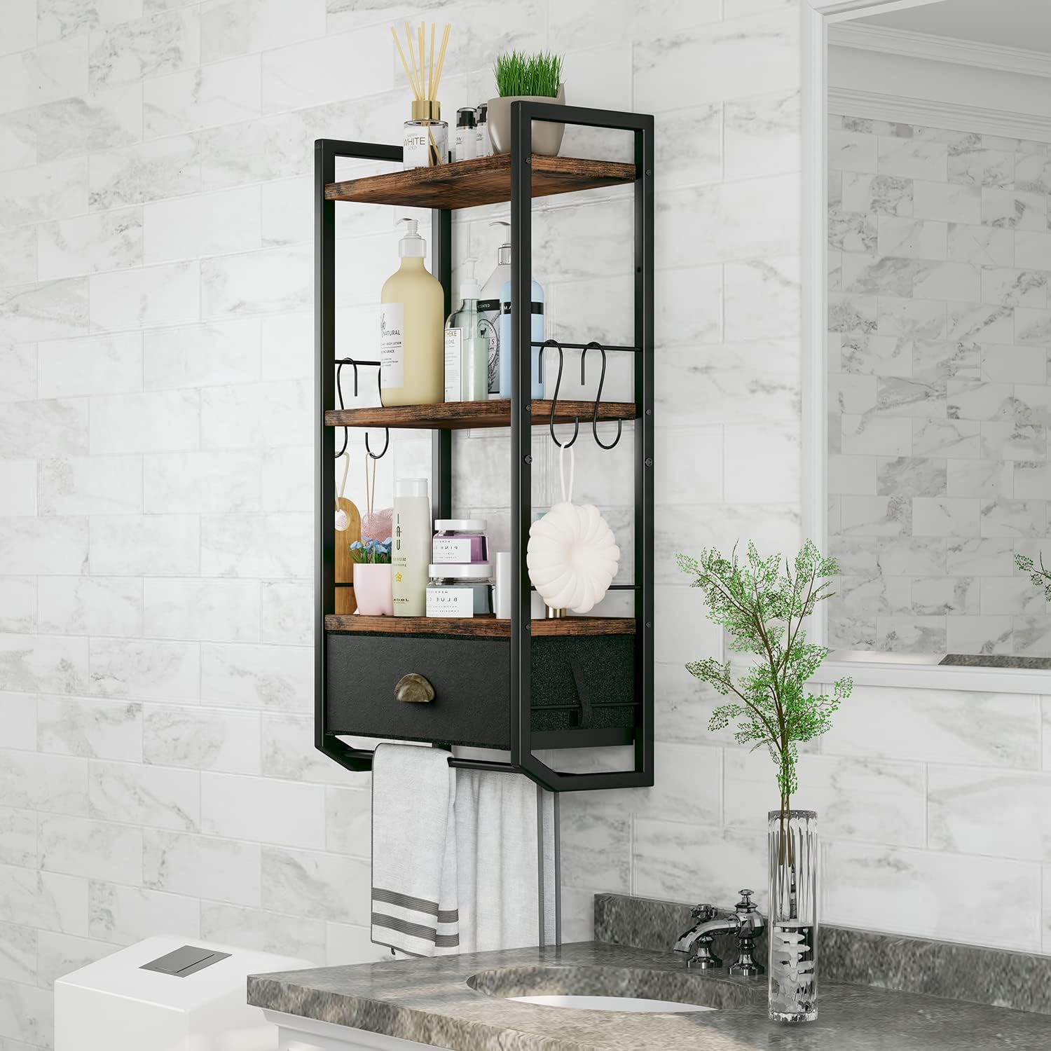 Bathroom Storage Organizer Wall Mounted, 3 Tier Bathroom Towel Rack Shelf with Storage Drawer Double Towel Bars and Hooks