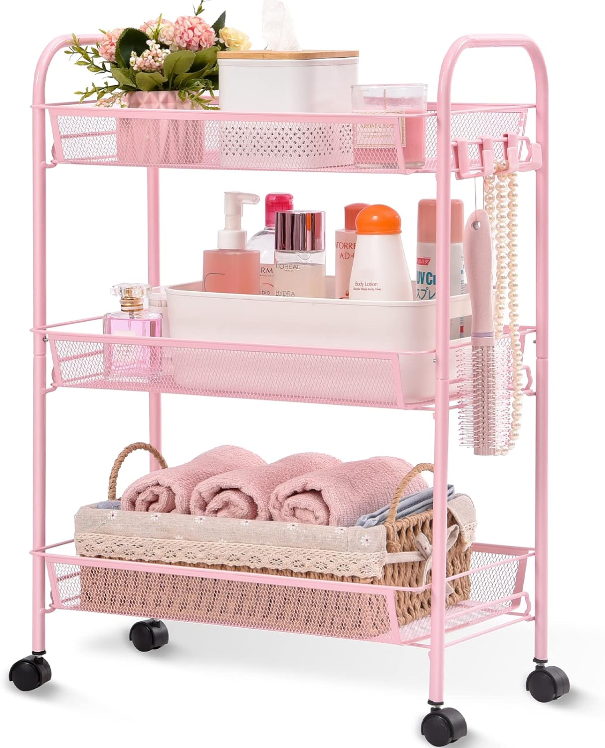3-Tier Metal Rolling Cart, Mesh Wire Easy Assemble Utility Cart, Storage Trolley on Wheels with 3 Hooks