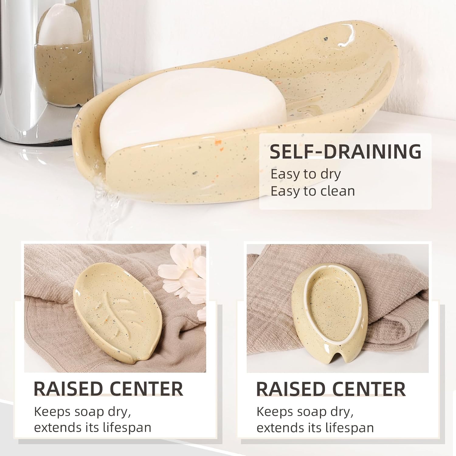 Self Draining Soap Dish, Leaf Shape Ceramic Bar Soap Holder Drain Soap Dishes for Bathroom Sink Shower Kitchen, Easy to Clean Keeps Soap Dry