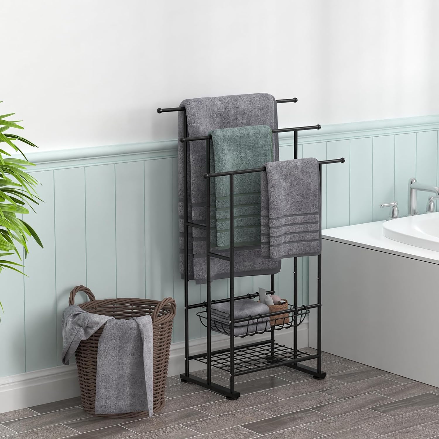 3 Tier Freestanding Towel Rack for Bathroom, 40" Tall Floor Standing Towel Racks with Storage Basket and Shelf