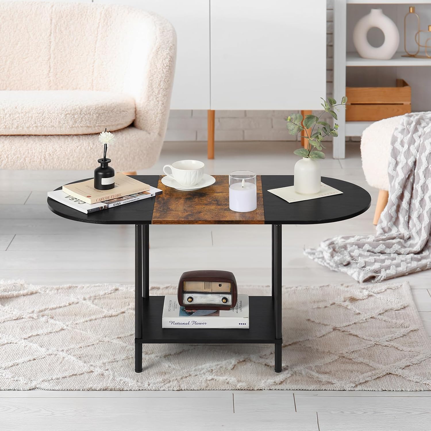 Coffee Tables for Living Room,2-Tier Small Oval Center Table Industrial Modern Style Coffee Table
