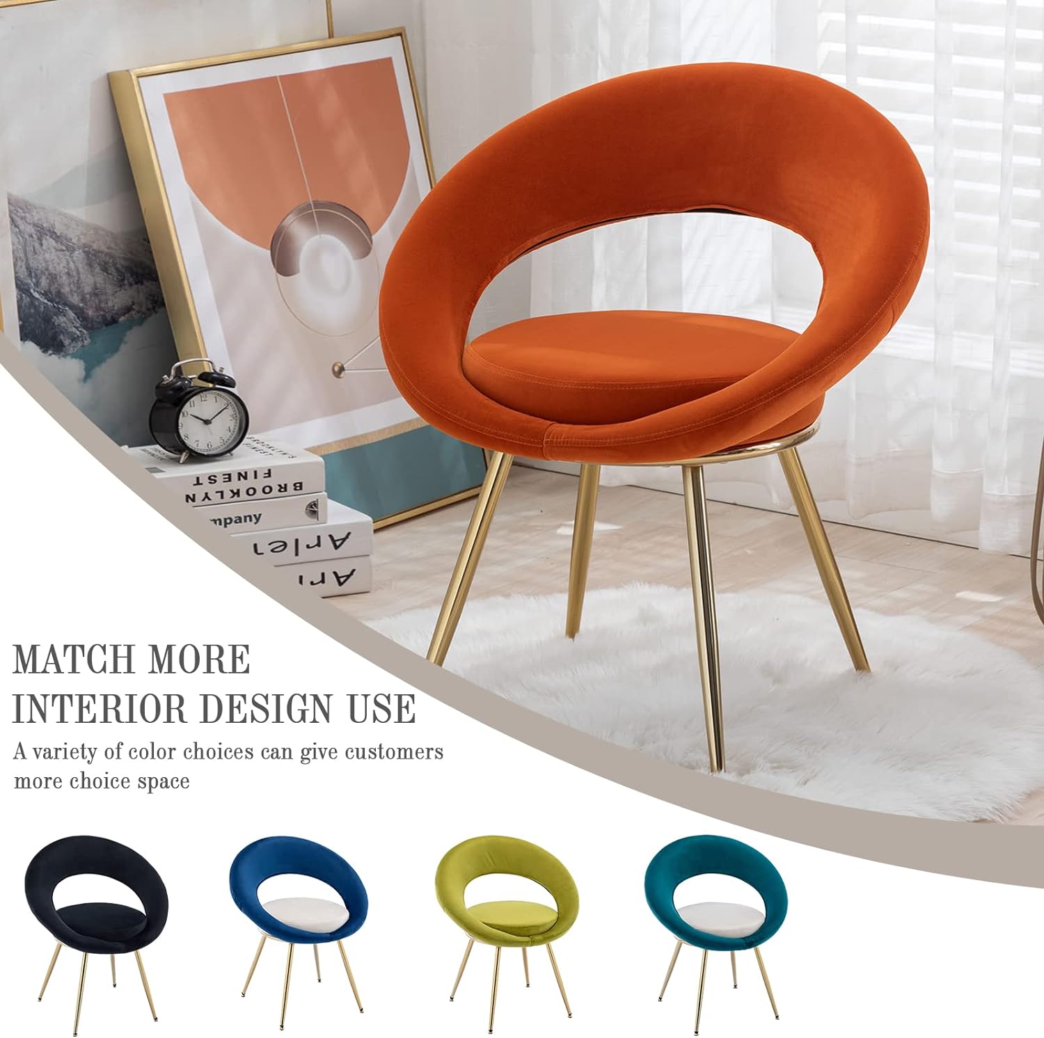 Modern Velvet Accent Chairs Set of 2, Upholstered Dining Chairs, Leisure Arm Chair, Lounge Chairs with Golden Metal Frame Legs for Living Room, Dining Room, Bedroom, Vanity (Orange)