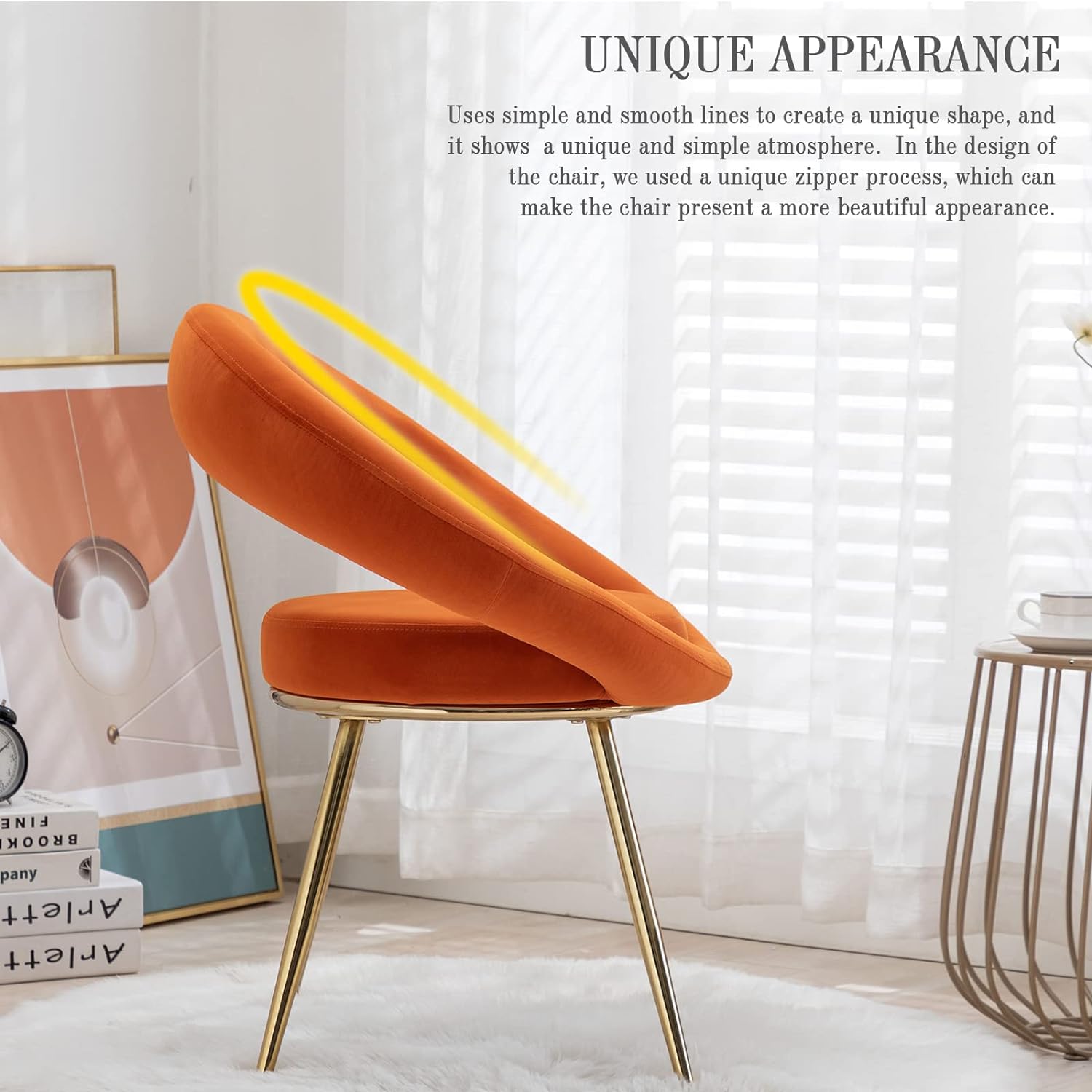 Modern Velvet Accent Chairs Set of 2, Upholstered Dining Chairs, Leisure Arm Chair, Lounge Chairs with Golden Metal Frame Legs for Living Room, Dining Room, Bedroom, Vanity (Orange)