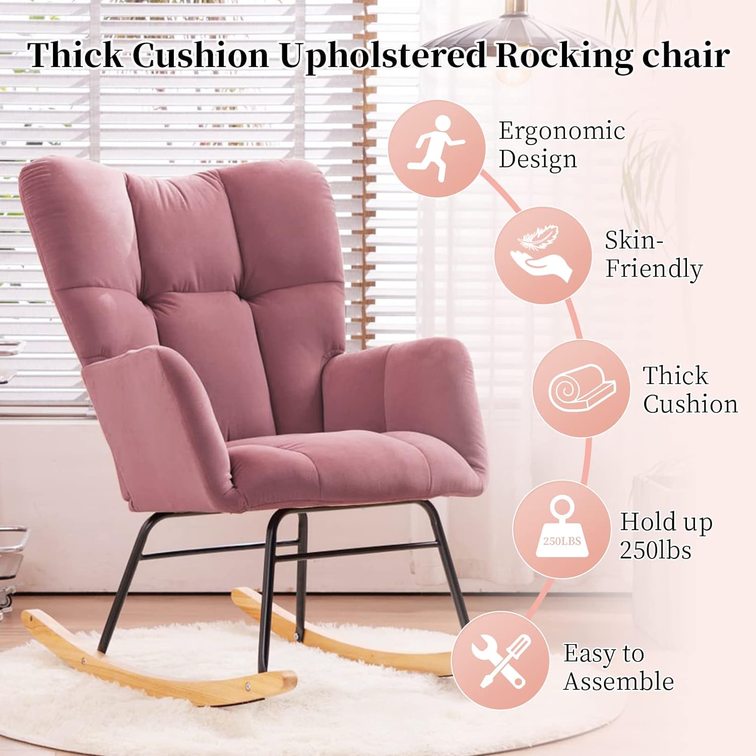 Nursery Rocking Chair Teddy Upholstered Glider Rocker Rocking Accent Chair Padded Seat with High Backrest Armchair Comfy Side Chair for Living Room Bedroom Offices (Green)