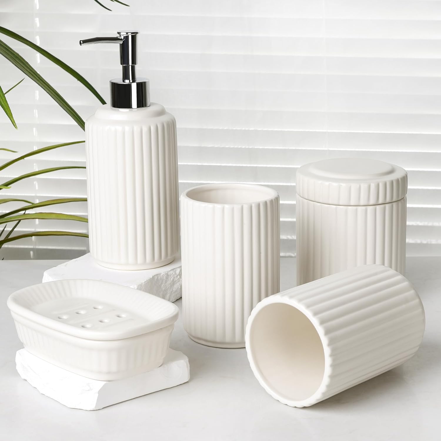 White Bathroom Accessory Set 5PCS, Ceramic Bathroom Accessories Set, Classic Design Bathroom Accessories Sets Complete, Home Apartment Modern Bathroom Decor Vanity Countertop