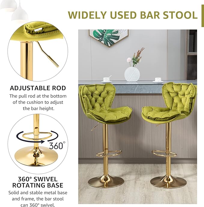 Velvet 360°Swivel Bar Stools Set of 2, Adjustable Bar Chair with Armless Design Tufted Backrest and Metal Gold Legs Dining Chairs Counter Stools for Dining Room, Island, Pub, Bar (Green)