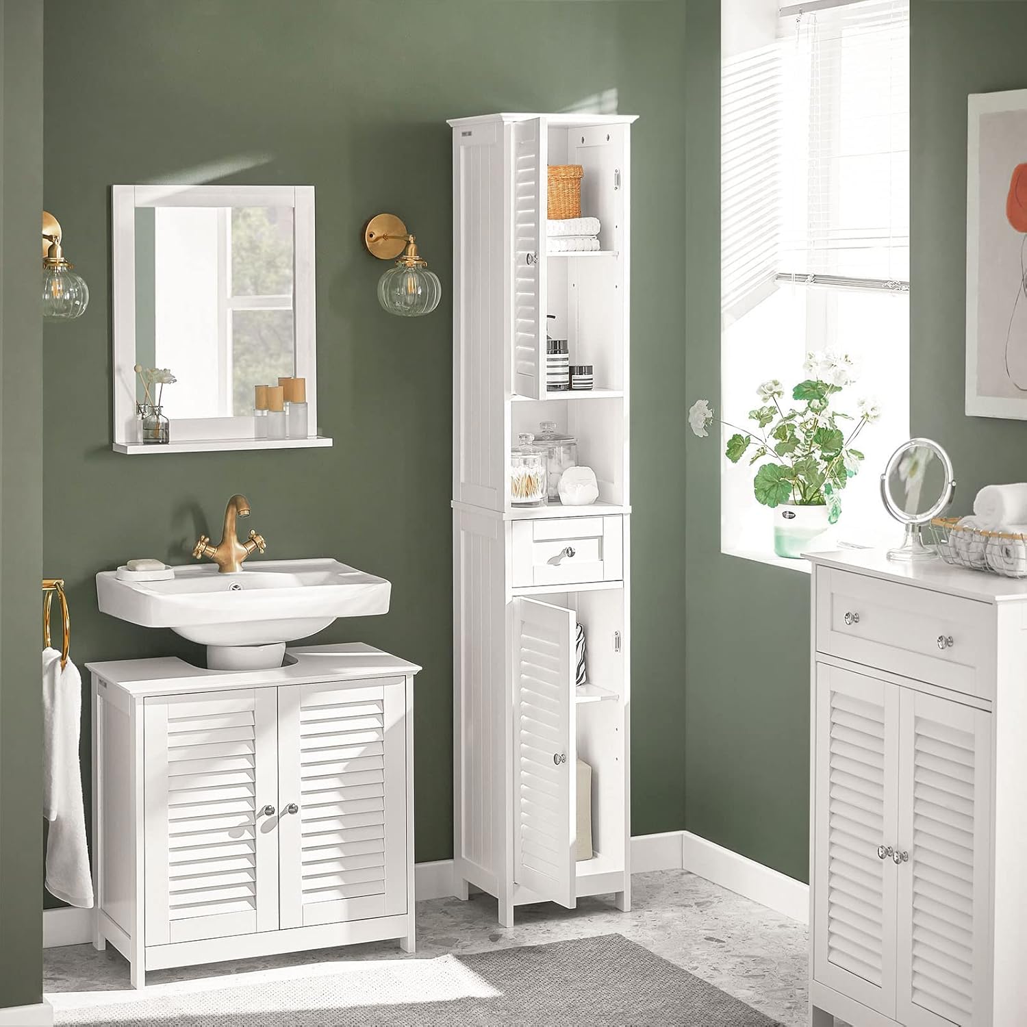 Tall Bathroom Storage Cabinet with Shelves and Drawers, Freestanding Linen Cabinet with Adjustable Shelves